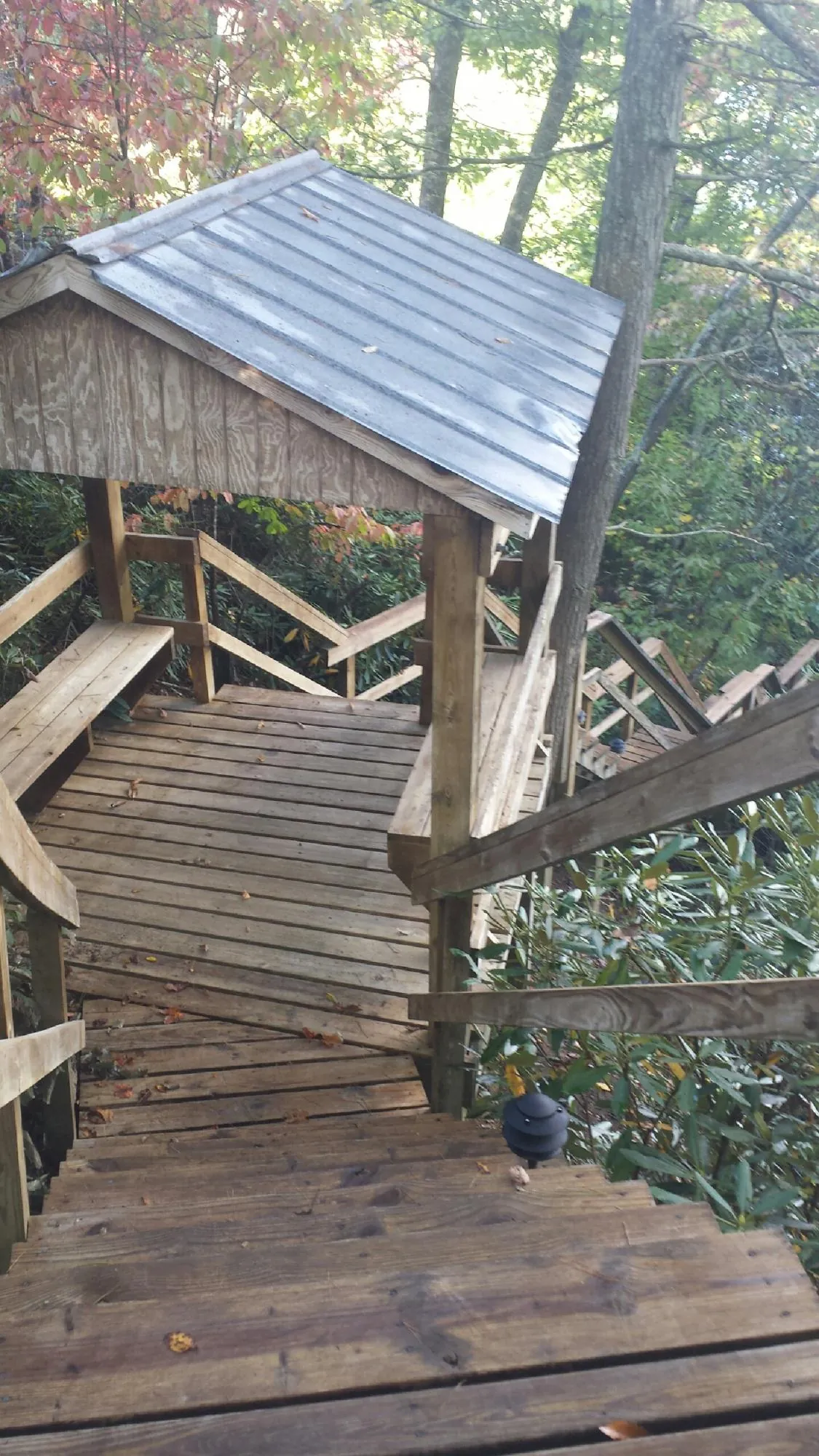 Metal roofed shelter over wooden steps on a wooded walkway — Skylight Repair & Installation work by our crew in Umatilla